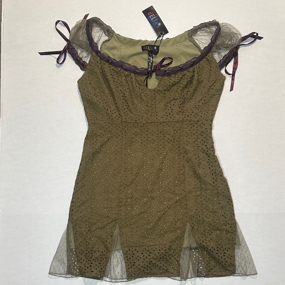 dELiA*s Olive Green Eyelet Mini Dress with Sheer Trim and Ribbon Accents
